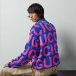 Gucci Men GG Wool Sweater Gucci Intarsia Blue Crewneck Dropped Shoulder - immagine 13