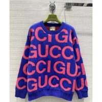 Gucci Men GG Wool Sweater Gucci Intarsia Blue Crewneck Dropped Shoulder (8)