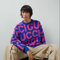 Gucci Men GG Wool Sweater Gucci Intarsia Blue Crewneck Dropped Shoulder (8)