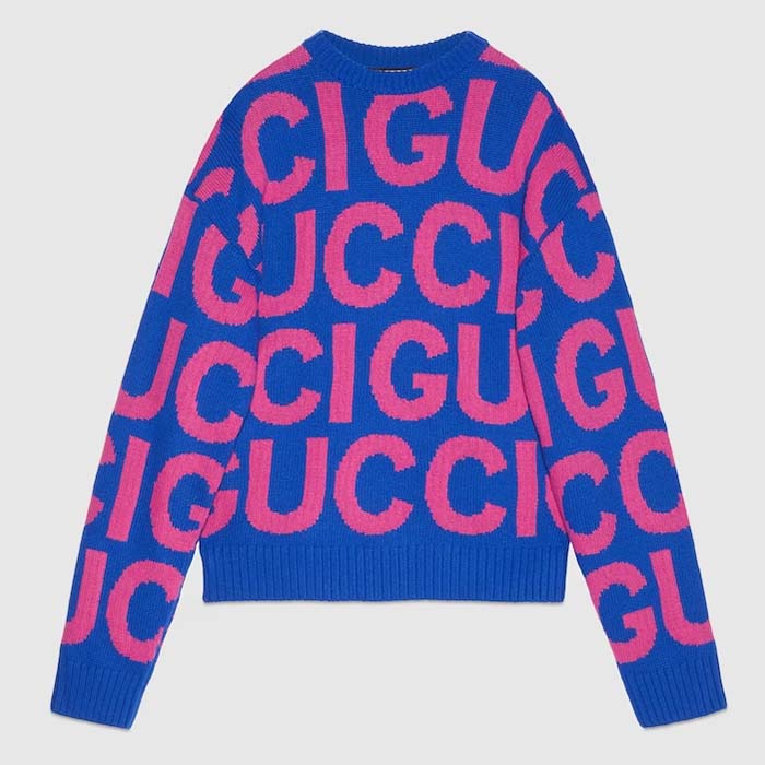 Gucci Men GG Wool Sweater Gucci Intarsia Blue Crewneck Dropped Shoulder