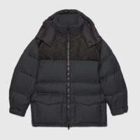 Gucci Men Nylon Down Jacket GG Iserts Black Canvas High Neck Velcro Cuffs Zip Closure (1)