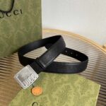 Gucci Unisex GG Belt Gucci Plaque Buckle Black Leather Palladium-Toned Hardware - Image 2