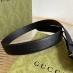 Gucci Unisex GG Belt Gucci Plaque Buckle Black Leather Palladium-Toned Hardware - Image 9