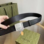 Gucci Unisex GG Belt Gucci Plaque Buckle Black Leather Palladium-Toned Hardware - Image 7