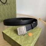 Gucci Unisex GG Belt Gucci Plaque Buckle Black Leather Palladium-Toned Hardware - Image 5