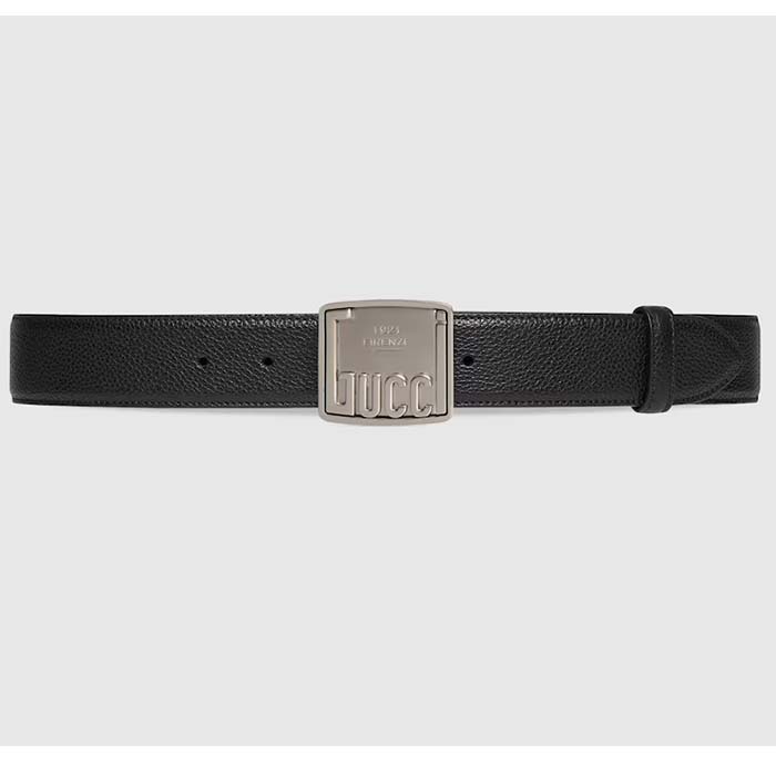 Gucci Unisex GG Belt Gucci Plaque Buckle Black Leather Palladium-Toned Hardware