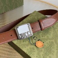 Gucci Unisex GG Belt Gucci Plaque Buckle Brown Leather Palladium-Toned Hardware (7)