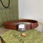 Gucci Unisex GG Belt Gucci Plaque Buckle Brown Leather Palladium-Toned Hardware – Bild 2