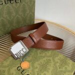 Gucci Unisex GG Belt Gucci Plaque Buckle Brown Leather Palladium-Toned Hardware – Bild 4