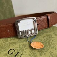 Gucci Unisex GG Belt Gucci Plaque Buckle Brown Leather Palladium-Toned Hardware (7)
