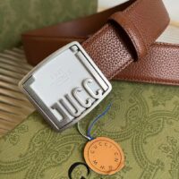 Gucci Unisex GG Belt Gucci Plaque Buckle Brown Leather Palladium-Toned Hardware (7)