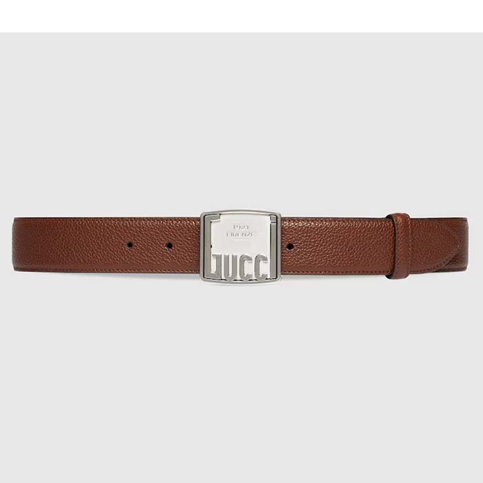 Gucci Unisex GG Belt Gucci Plaque Buckle Brown Leather Palladium-Toned Hardware