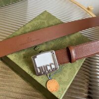 Gucci Unisex GG Belt Gucci Plaque Buckle Brown Leather Palladium-Toned Hardware (7)