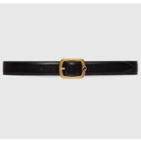 Gucci Unisex GG Belt Rectangular Buckle Black Leather Antique Brass Hardware 3 CM Width
