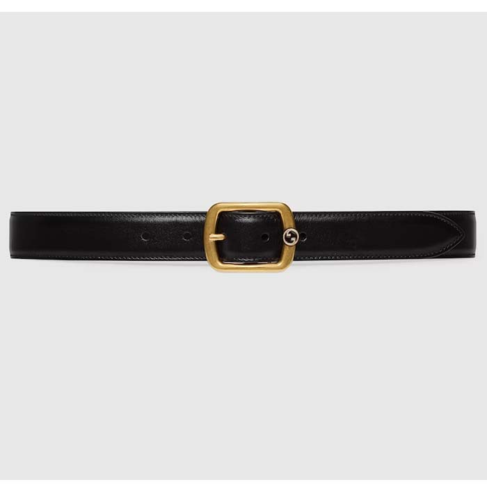 Gucci Unisex GG Belt Rectangular Buckle Black Leather Antique Brass Hardware 3 CM Width