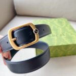 Gucci Unisex GG Belt Rectangular Buckle Black Leather Antique Brass Hardware 3 CM Width - Image 5