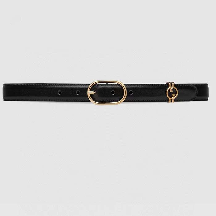 Gucci Unisex GG Belt Round Interlocking G Black Leather Oval Buckle 2.3 CM Width