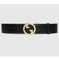 Gucci Unisex GG Blondie Wide Belt Black Leather Round Interlocking G 5 CM Width (2)