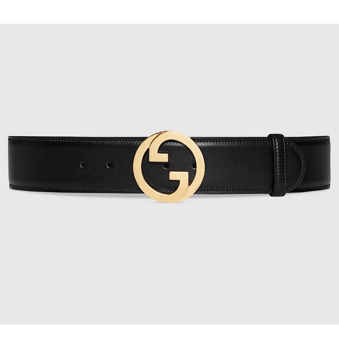 Gucci Unisex GG Blondie Wide Belt Black Leather Round Interlocking G 5 CM Width