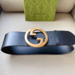 Gucci Unisex GG Blondie Wide Belt Black Leather Round Interlocking G 5 CM Width – Image 2