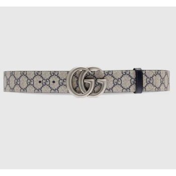 Gucci Unisex GG Marmont Reversible Belt Beige Blue GG Supreme Canvas Double G Buckle