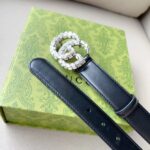 Gucci Unisex GG Marmont Thin Belt Crystals Black Leather Double G Buckle 3 CM Width – Bild 9