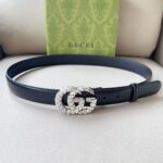 Gucci Unisex GG Marmont Thin Belt Crystals Black Leather Double G Buckle 3 CM Width – Bild 2