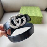 Gucci Unisex GG Marmont Thin Belt Crystals Black Leather Double G Buckle 3 CM Width – Bild 10