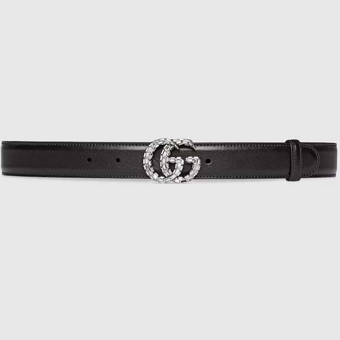 Gucci Unisex GG Marmont Thin Belt Crystals Black Leather Double G Buckle 3 CM Width