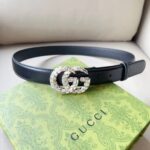 Gucci Unisex GG Marmont Thin Belt Crystals Black Leather Double G Buckle 3 CM Width – Bild 4