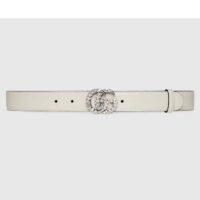 Gucci Unisex GG Marmont Thin Belt Crystals White Leather Double G Buckle 3 CM Width