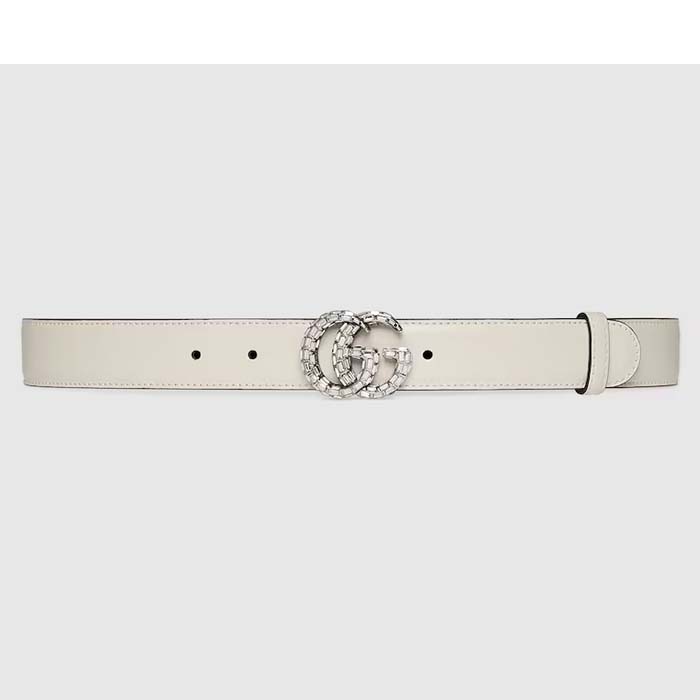 Gucci Unisex GG Marmont Thin Belt Crystals White Leather Double G Buckle 3 CM Width