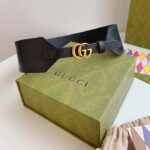 Gucci Unisex GG Marmont Wide Belt Black Leather Double G 6.9 CM Width - Imagen 2