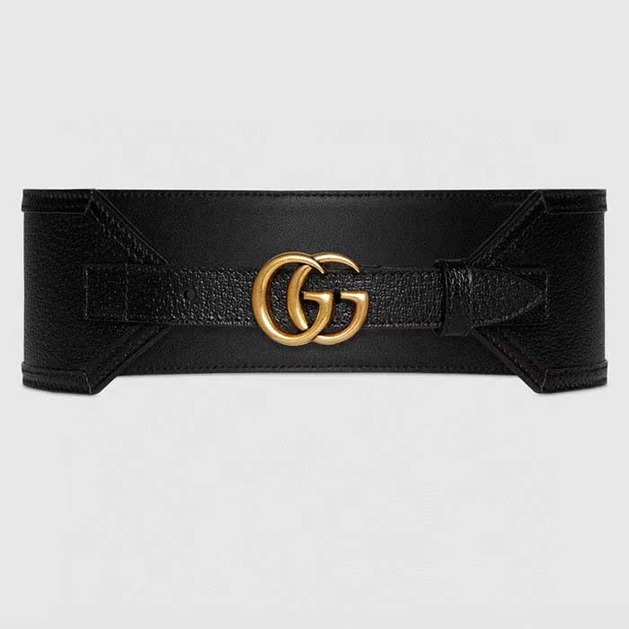 Gucci Unisex GG Marmont Wide Belt Black Leather Double G 6.9 CM Width