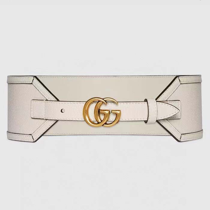 Gucci Unisex GG Marmont Wide Belt White Leather Double G 6.9 CM Width
