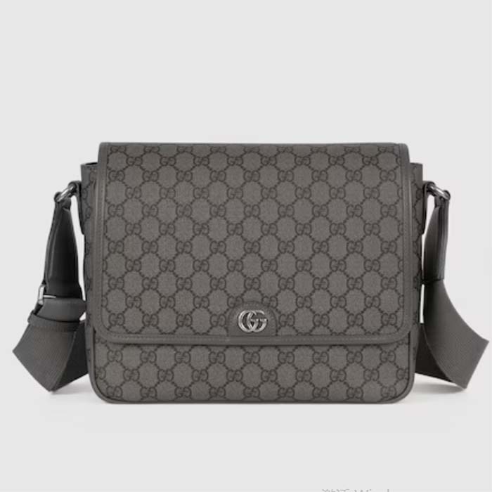 Gucci Unisex GG Ophidia Medium Messenger Bag Grey Black Supreme Tender Canvas Double G