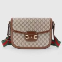 Gucci Unisex Gucci Horsebit 1955 Crossbody Bag Beige Ebony GG Supreme Canvas Brown Leather (4)