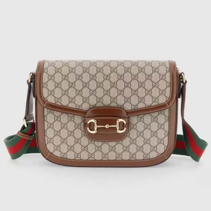 Gucci Unisex Gucci Horsebit 1955 Crossbody Bag Beige Ebony GG Supreme Canvas Brown Leather