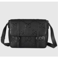 Gucci Unisex Jumbo GG Medium Messenger Bag Black Leather Cotton Linen Lining (4)