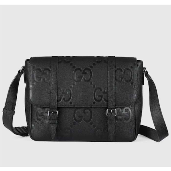 Gucci Unisex Jumbo GG Medium Messenger Bag Black Leather Cotton Linen Lining