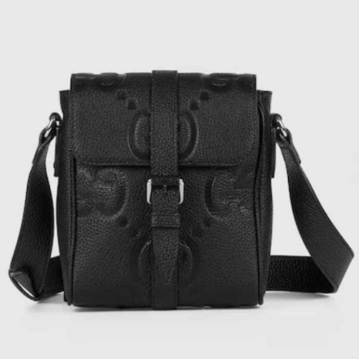 Gucci Unisex Jumbo GG Small Messenger Bag Black Leather Cotton Linen Lining