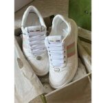 Gucci Unisex Screener Sneaker White GG Supreme Canvas Pink Green Web Rubber Sole - immagine 2