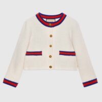 Gucci Women Felted GG Wool Cardigan Web Ivory Crewneck Dropped Shoulder Long Sleeves (11)
