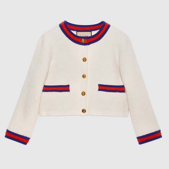 Gucci Women Felted GG Wool Cardigan Web Ivory Crewneck Dropped Shoulder Long Sleeves