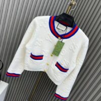 Gucci Women Felted GG Wool Cardigan Web Ivory Crewneck Dropped Shoulder Long Sleeves (11)