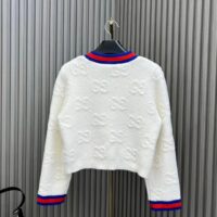 Gucci Women Felted GG Wool Cardigan Web Ivory Crewneck Dropped Shoulder Long Sleeves (11)