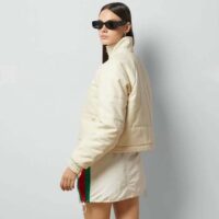 Gucci Women GG Canvas Bomber Jacket Cream Self-Covered Buttons Interlocking G Lined High Neck (14)