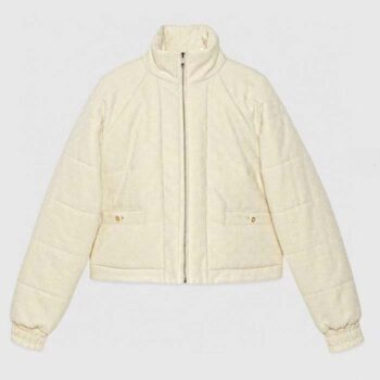 Gucci Women GG Canvas Bomber Jacket Cream Self-Covered Buttons Interlocking G Lined High Neck