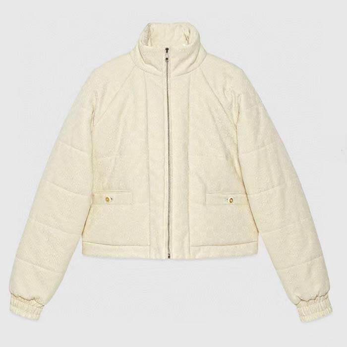 Gucci Women GG Canvas Bomber Jacket Cream Self-Covered Buttons Interlocking G Lined High Neck