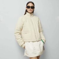 Gucci Women GG Canvas Bomber Jacket Cream Self-Covered Buttons Interlocking G Lined High Neck (14)